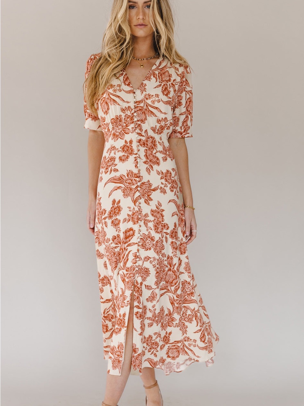 Bohme Lia Floral Midi Dress in Rust